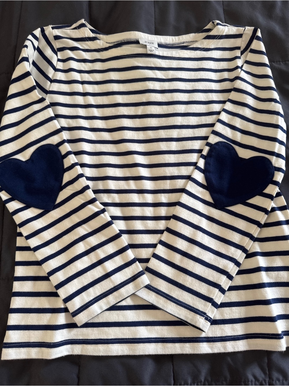 J. Crew Cream and Navy Striped Long-Sleeve Tee with Navy Heart Elbow Patches